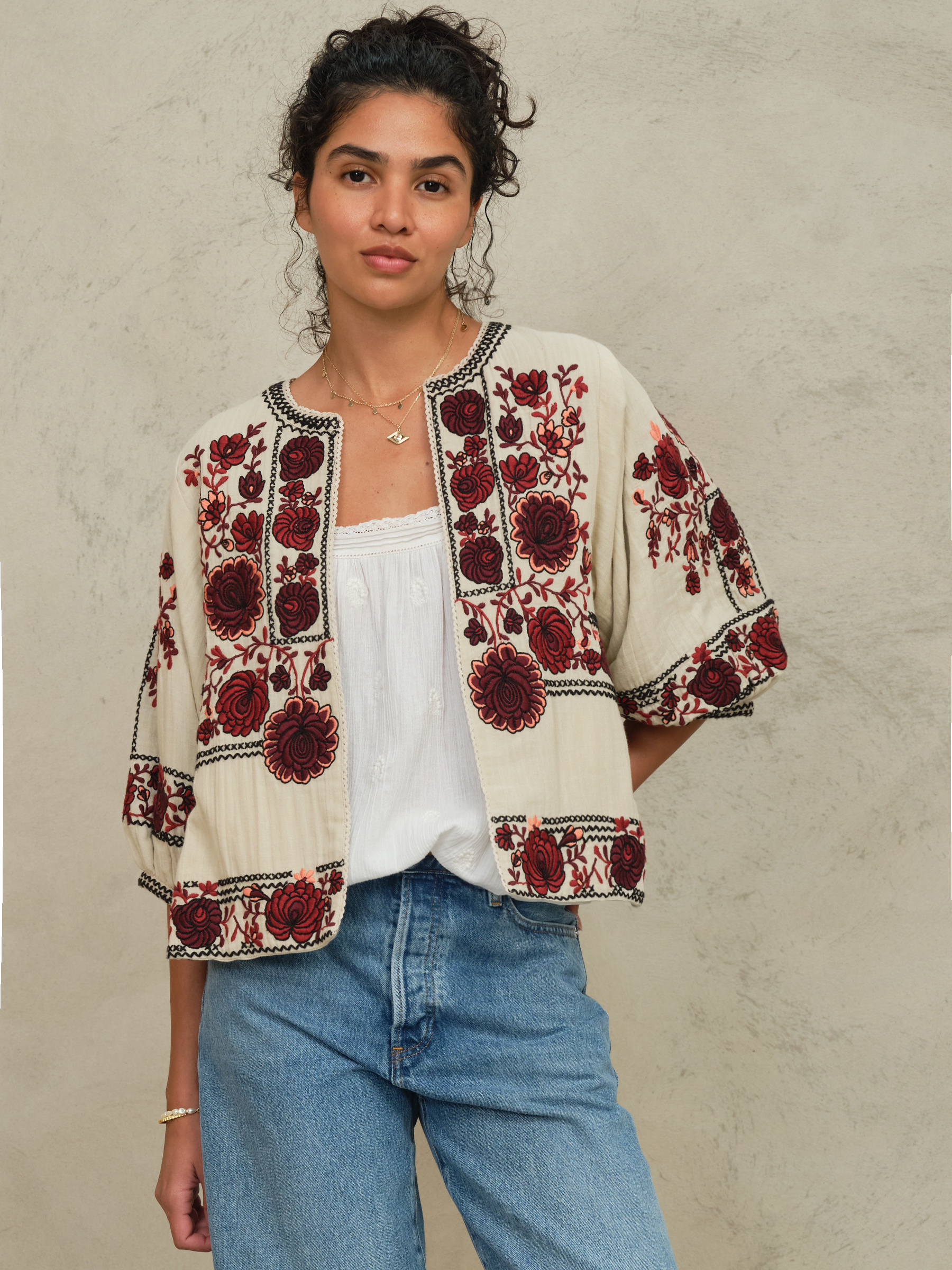 GRETA JKT ECRU_DARK RED JACKET FRONT